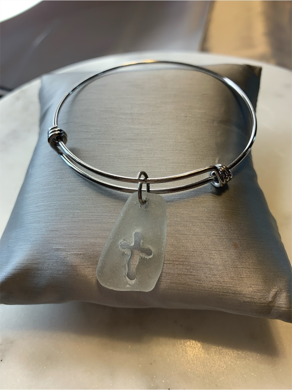 Silver Tone Bangle Bracelet with Frosted Cross Charm